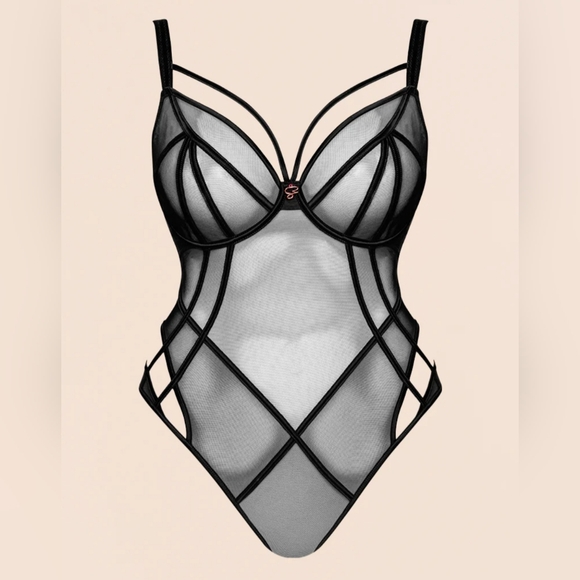 ✨SOLD✨ Scantilly By Curvy Kate Senses Plunge Sheer Mesh Black Bodysuit Sz 38H - Picture 2 of 9